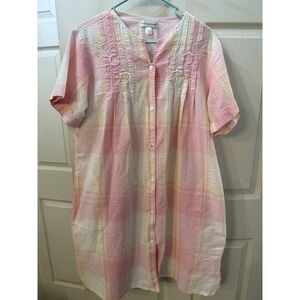 Miss Elaine Pink Plaid SEERSUCKER Snap House Dress Lounge Nightgown Robe L